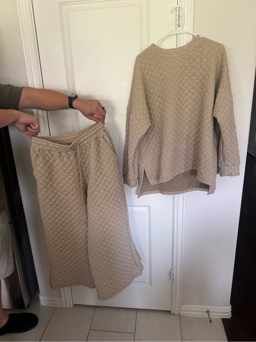 Quilted Crewneck Sweater in Beige - Women's Cozy Knit
